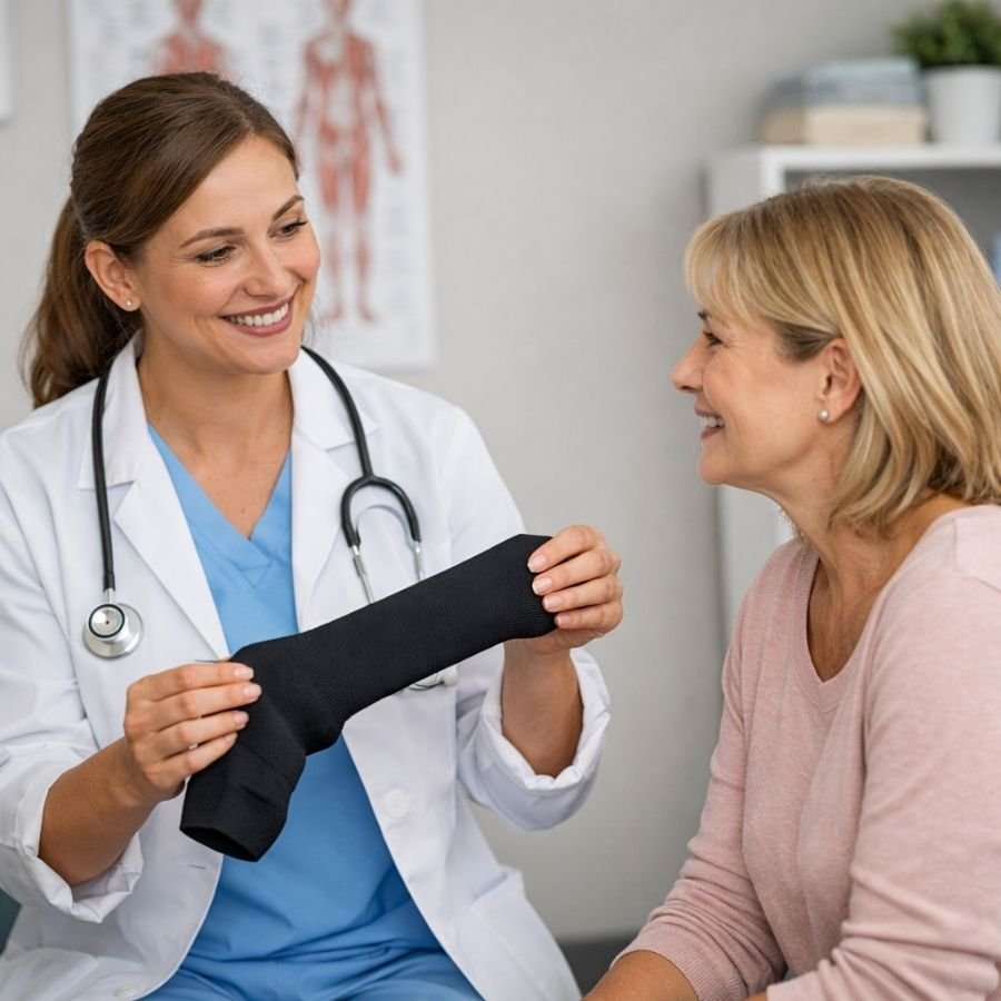 Healthcare professional guiding safe use of compression therapy.