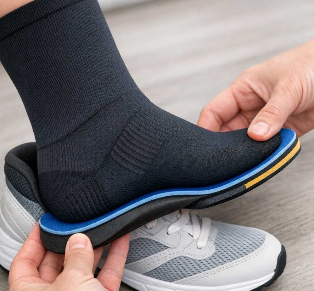 Custom orthotics with compression socks supporting foot alignment.