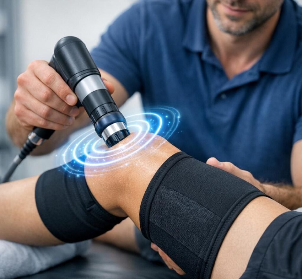 Shockwave therapy session with compression support. compression shockwave therapy