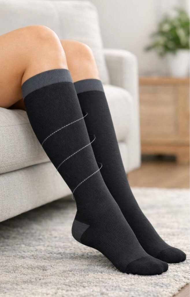 Legs wearing compression socks to improve circulation.