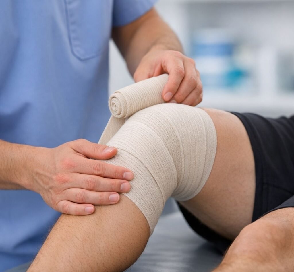 Physical therapist applying compression wrap.